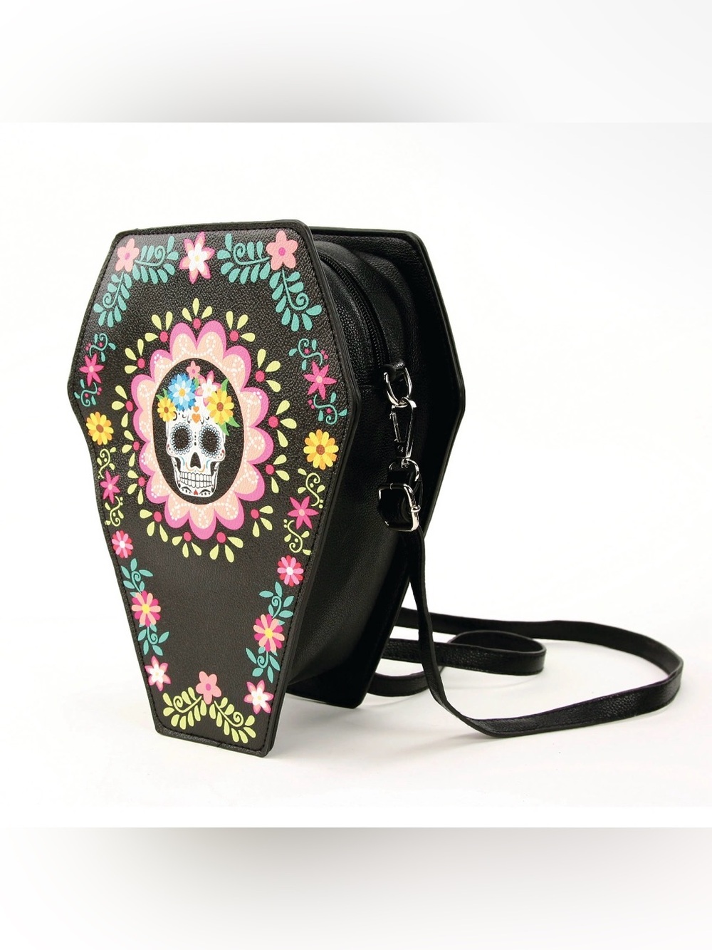 Black Floral Sugar Skull Coffin Crossbody Bag - Picture 2 of 3